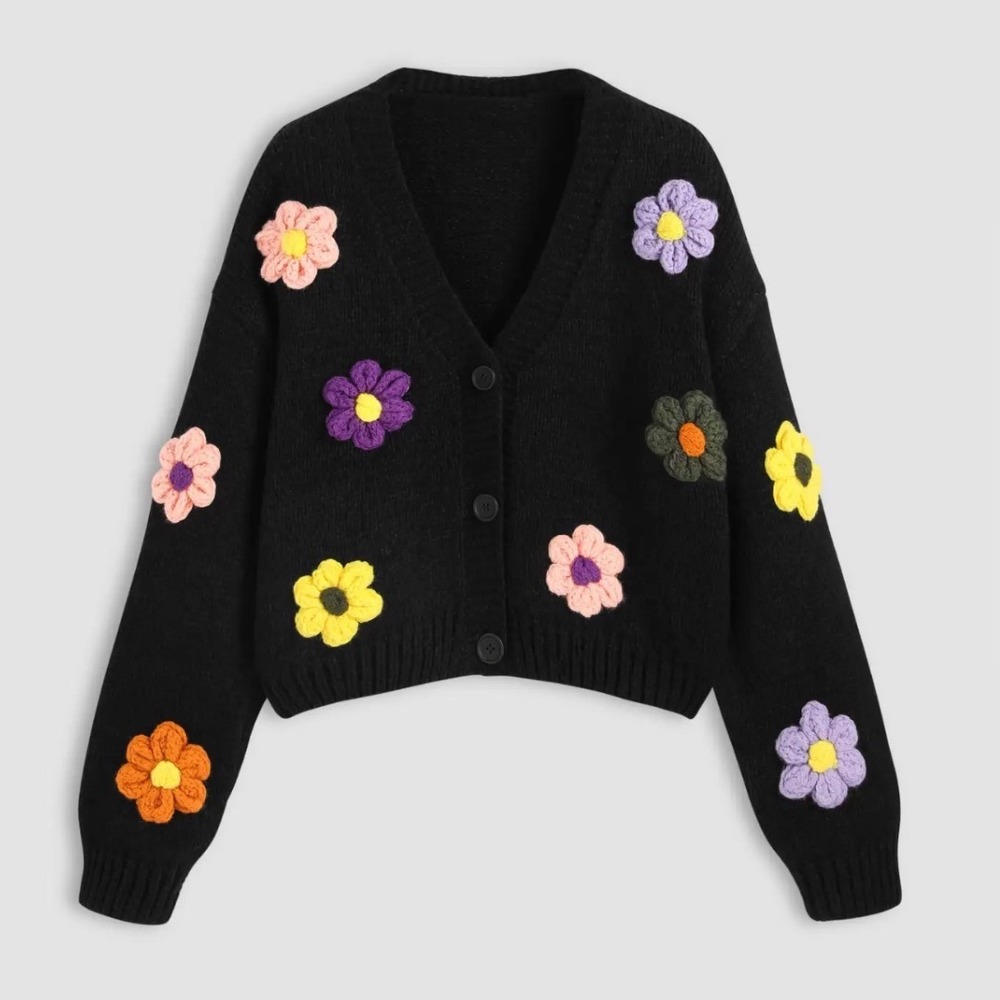 Cider Black Chunky Crochet Flower Applique Knit Cardigan Sweater Womens Large